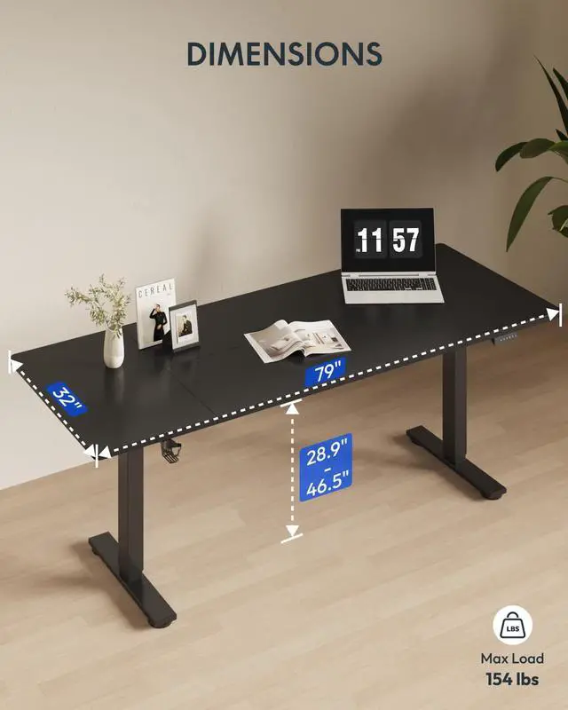 Alt view image 5 of 7 - 79x32 Inch Electric Large Standing Desk for Home & Office, Spacious Splice Board Desk with Cable Management & Organizer, Cup Holder & Hook, Black