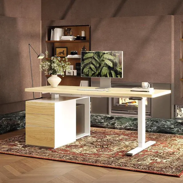 Main image of 60" Executive Standing Desk with Drawers & CPU Holder, Dual Motor Height Adjustable Desk, 222 LBS Capacity, 1" Thick Desktop, Home Office Workstation, White Wood Grain, 3 Packages