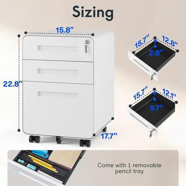 Alt view image 3 of 7 - Mobile File Cabinet for Home Office 3 Drawer File Cabinet Under Desk Storage Filing Cabinet for Legal/Letter/A4 File,Round Corner Design,White