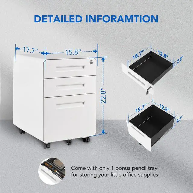 Alt view image 7 of 7 - Metal File Cabinet for Under Desk Storage Mobile 3 Drawer File Cabinet Round Corner Design Filing Cabinets for Home Office,White