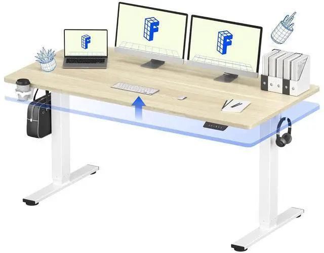 Main image of 63" x 32" Office Standing Desk, Height Adjustable Sit-Stand Desk, Quiet & Stable, with Cable Management & Cup Holder, for Commercial Use, White Wood Grain Top (2 Packages)