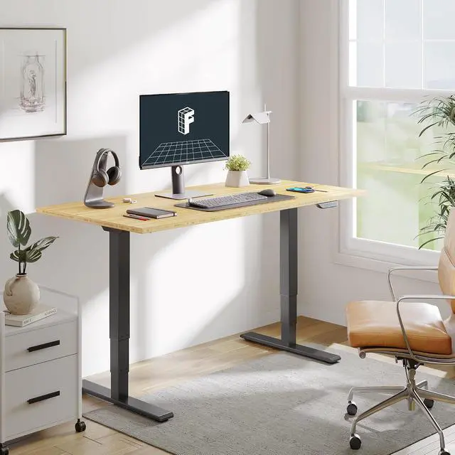 Alt view image 2 of 7 - E6 MAX Bamboo Dual Motor 48x24 Inch 3-Stage Heavy Duty Standing Desk, 330lbs Weight Capacity, Height Adjustable Desk w/Cable Management & Wheels (Solid Bamboo Desktop + Black Frame)