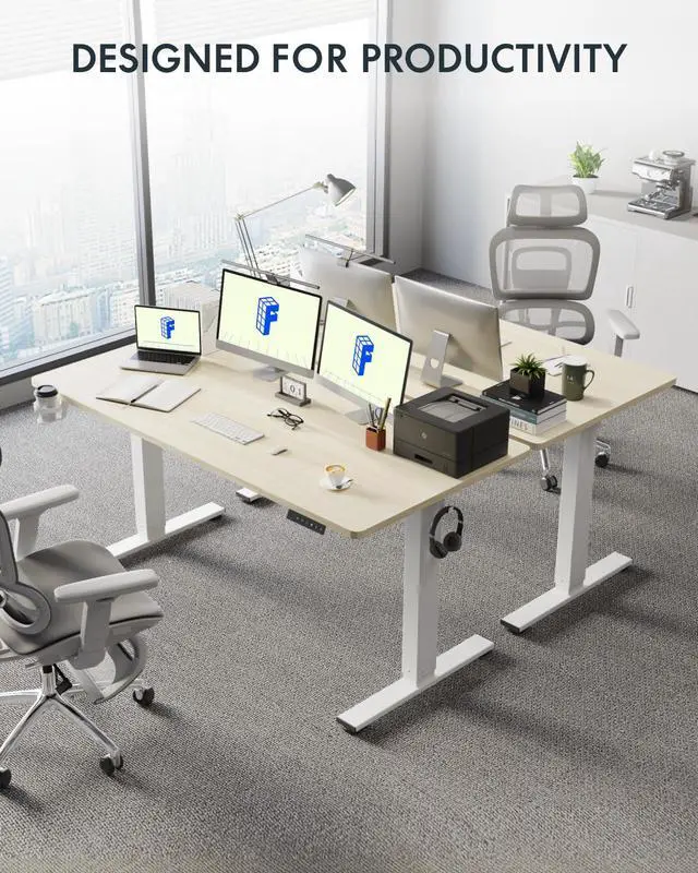 Alt view image 4 of 7 - 63" x 32" Office Standing Desk, Height Adjustable Sit-Stand Desk, Quiet & Stable, with Cable Management & Cup Holder, for Commercial Use, White Wood Grain Top (2 Packages)