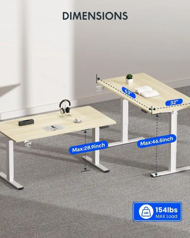 Alt view image 6 of 7 - 63" x 32" Office Standing Desk, Height Adjustable Sit-Stand Desk, Quiet & Stable, with Cable Management & Cup Holder, for Commercial Use, White Wood Grain Top (2 Packages)
