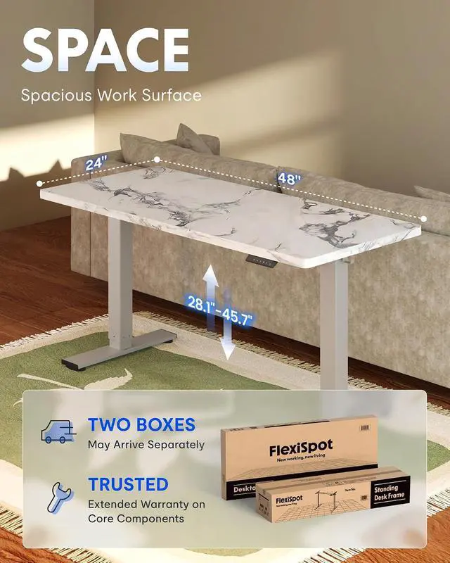 Alt view image 5 of 7 - EN1 One-Piece Standing Desk 48 x 24 Inches Height Adjustable Electric Desk (Silver Frame + Marble Grey Top, 2 Packages)