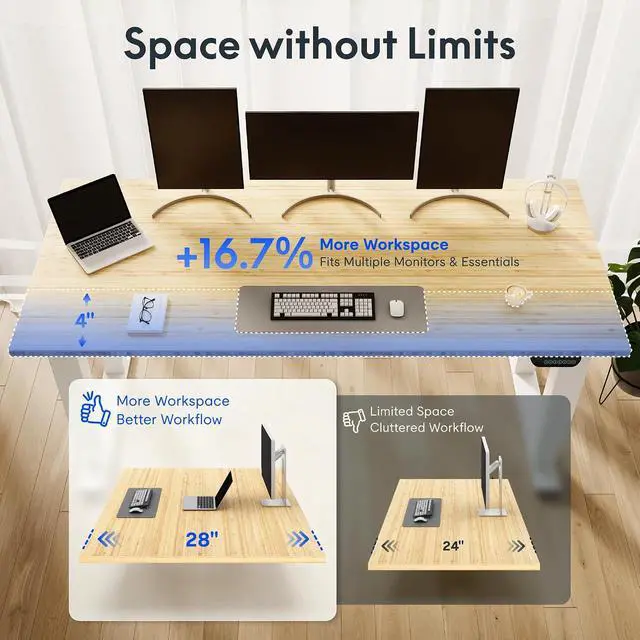 Alt view image 7 of 7 - E6Q 4-Leg Dual Motor Standing Desk, 55"x28" Solid Bamboo Electric Height Adjustable Desk, Rock-Solid Stability, Heavy-Duty 540lb Capacity for Professional Workstations, Natural