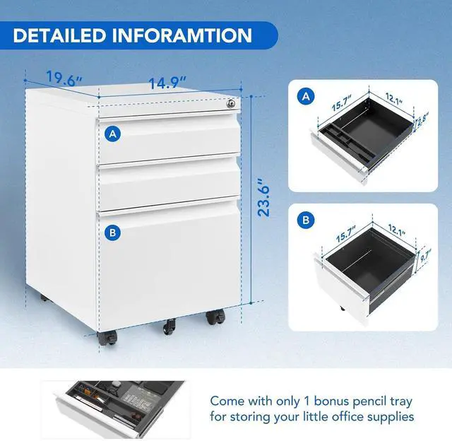Alt view image 3 of 7 - 3 Drawer Mobile File Cabinet for Home Office Under Desk Storage, Filing Cabinet with Lock Keys, File Organizer Cabinet for Legal/Letter/A4 File, White