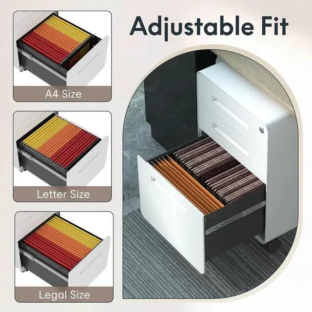 Alt view image 5 of 7 - Mobile File Cabinet for Home Office 3 Drawer File Cabinet Under Desk Storage Filing Cabinet for Legal/Letter/A4 File,Round Corner Design,White