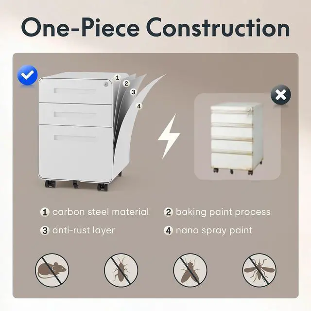 Alt view image 7 of 7 - Mobile File Cabinet for Home Office 3 Drawer File Cabinet Under Desk Storage Filing Cabinet for Legal/Letter/A4 File,Round Corner Design,White