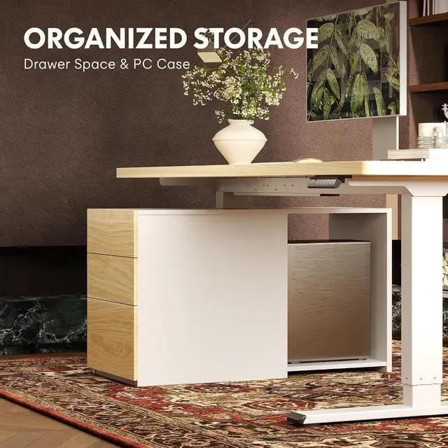 Alt view image 3 of 7 - 60" Executive Standing Desk with Drawers & CPU Holder, Dual Motor Height Adjustable Desk, 222 LBS Capacity, 1" Thick Desktop, Home Office Workstation, White Wood Grain, 3 Packages