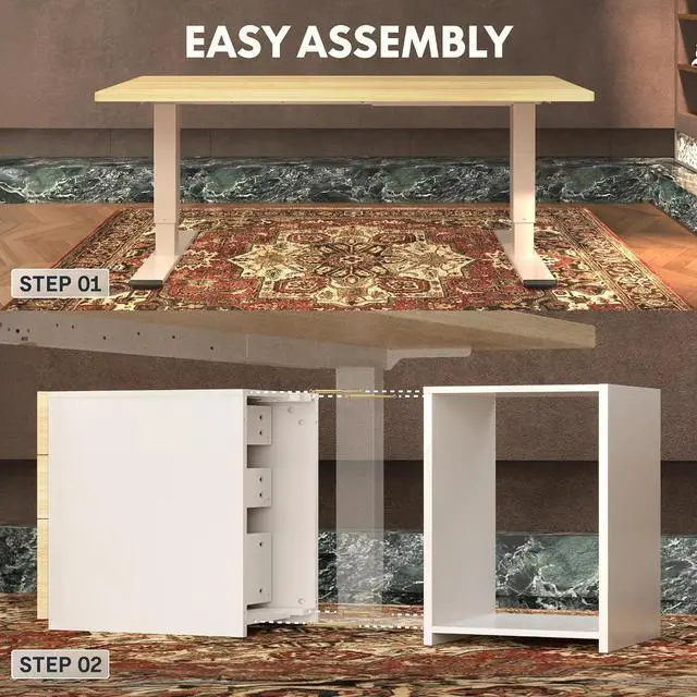Alt view image 5 of 7 - 60" Executive Standing Desk with Drawers & CPU Holder, Dual Motor Height Adjustable Desk, 222 LBS Capacity, 1" Thick Desktop, Home Office Workstation, White Wood Grain, 3 Packages