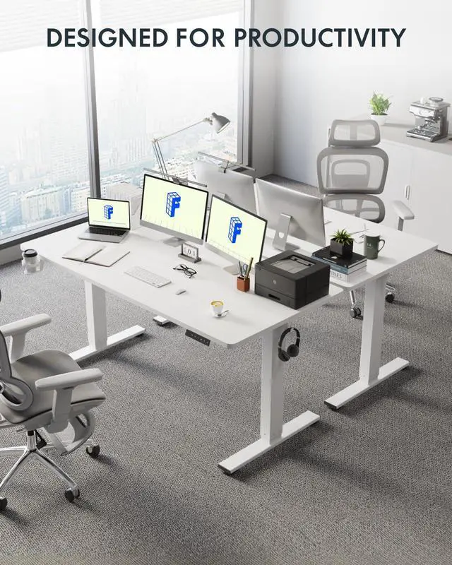 Alt view image 3 of 7 - 63" x 32" Office Standing Desk, Height Adjustable Sit-Stand Desk, Quiet & Stable, with Cable Management & Cup Holder, for Commercial Use, White Top (2 Packages)