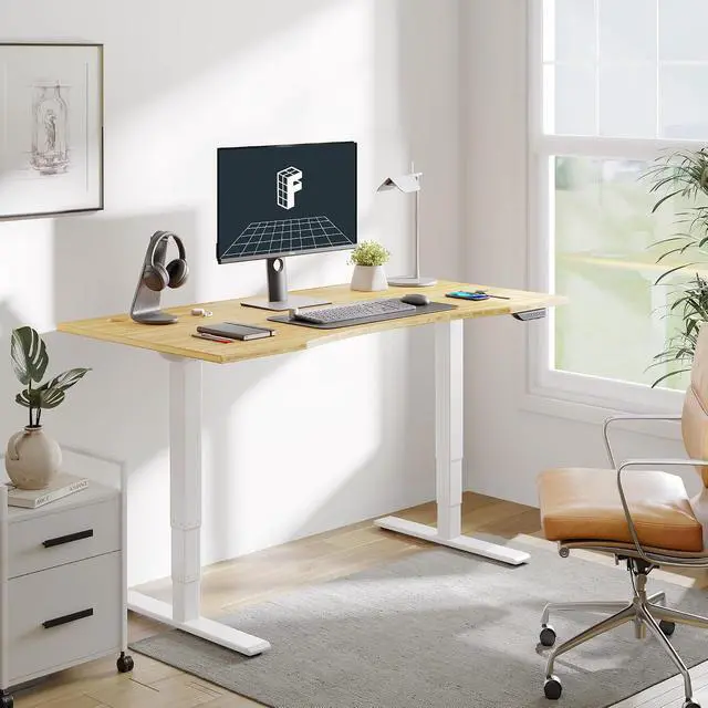 Alt view image 2 of 7 - E6 MAX Bamboo 78x30 Inch Dual Motor 3-Stage Heavy Duty Standing Desk, 330lbs Weight Capacity, Height Adjustable Desk w/Cable Management & Wheels (Solid Bamboo Curved Desktop + White Frame)