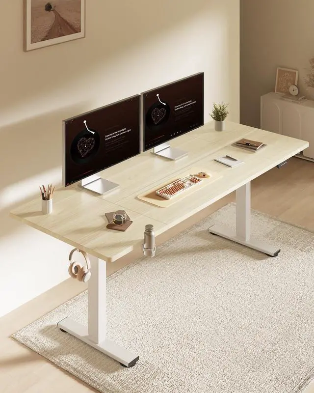 Alt view image 2 of 7 - 79x32 Inch Electric Large Standing Desk for Home & Office, Spacious Splice Board Desk with Cable Management & Organizer, Cup Holder & Hook, White Wood Grain