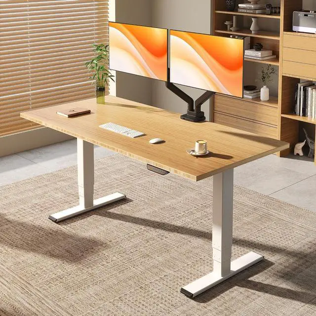 Main image of E6 MAX Bamboo 72x30 Inch Dual Motor 3-Stage Heavy Duty Standing Desk, 330lbs Weight Capacity, Height Adjustable Desk w/Cable Management & Wheels (Solid Bamboo Desktop + White Frame)