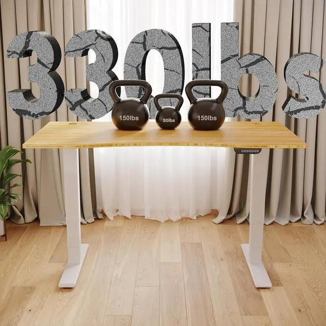 Alt view image 6 of 7 - E6 MAX Bamboo 78x30 Inch Dual Motor 3-Stage Heavy Duty Standing Desk, 330lbs Weight Capacity, Height Adjustable Desk w/Cable Management & Wheels (Solid Bamboo Curved Desktop + White Frame)