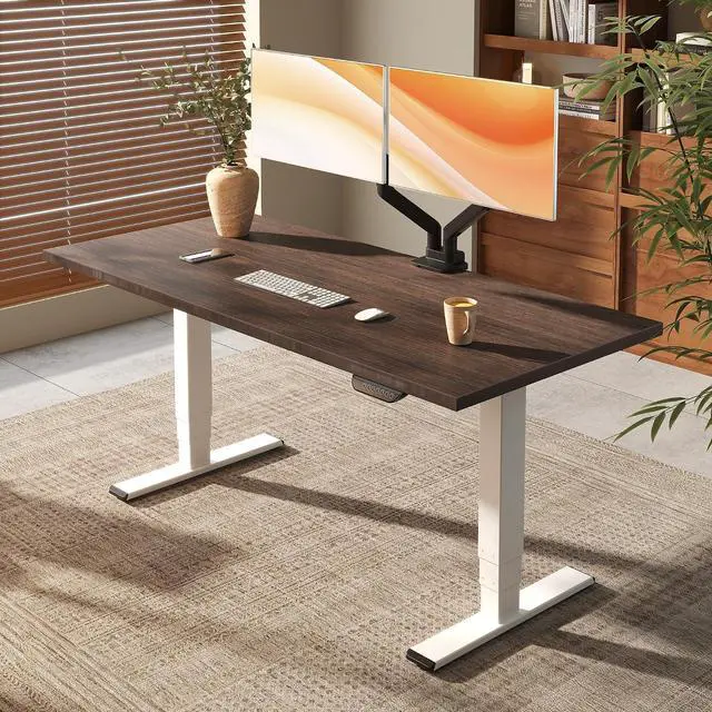 Main image of E6 MAX Bamboo Dual Motor 48x24 Inch 3-Stage Heavy Duty Standing Desk, 330lbs Weight Capacity, Height Adjustable Desk w/Cable Management & Wheels (Solid Walnut Bamboo Desktop + White Frame)