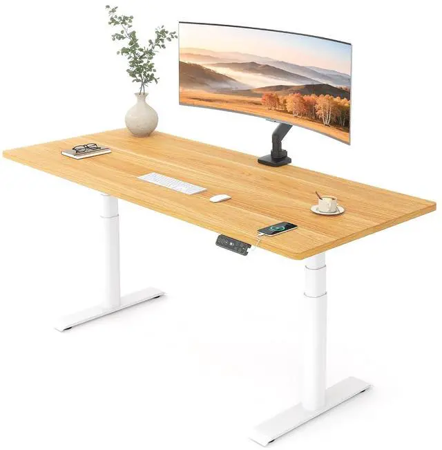Main image of E6 Pro 55" x 28" Dual Motor Electric Standing Desk, Organic Modern Oval Leg Design, 3-Stage Height Adjustable Sit Stand Desk with Heavy Duty 330lbs, Maple Desktop, White Frame