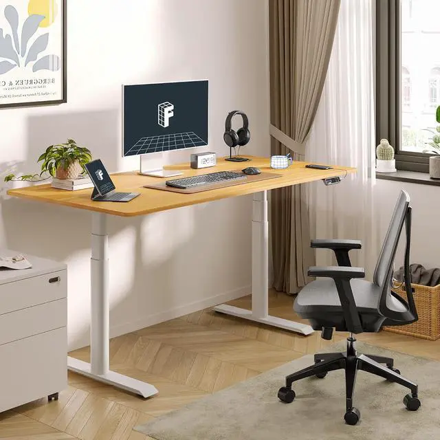 Alt view image 2 of 7 - E6 Pro 55" x 28" Dual Motor Electric Standing Desk, Organic Modern Oval Leg Design, 3-Stage Height Adjustable Sit Stand Desk with Heavy Duty 330lbs, Maple Desktop, White Frame