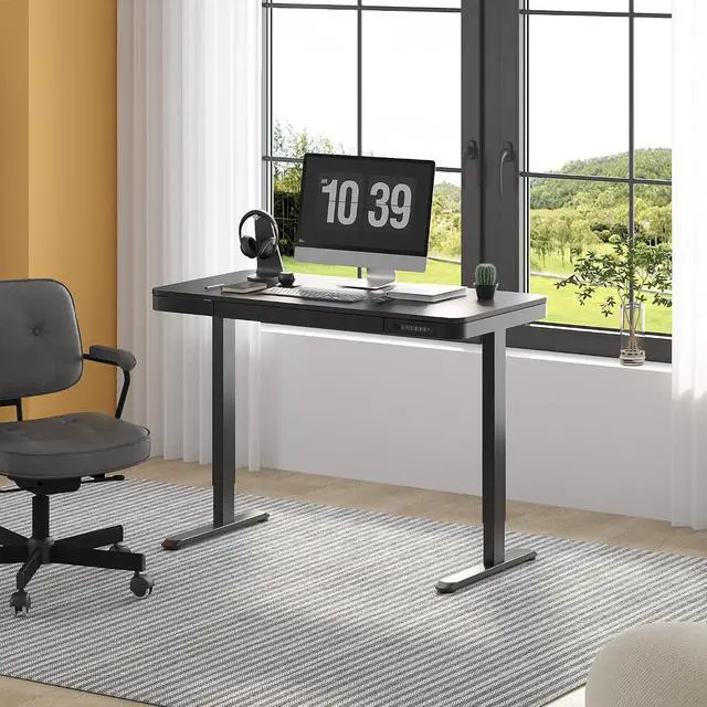 Alt view image 2 of 7 - Comhar Electric Standing Desk with Drawer Desktop & Adjustable Frame Quick Install w/USB Charge Ports (Black, Wood)
