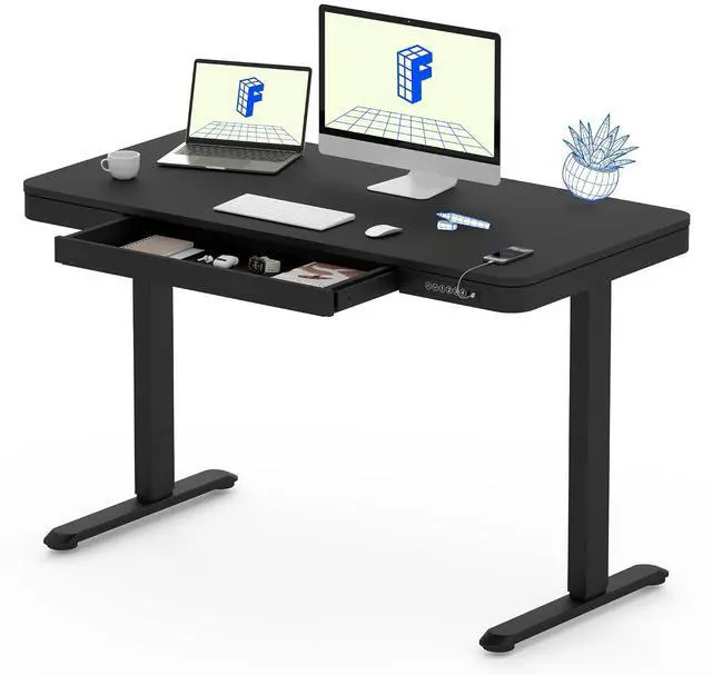 Main image of Comhar Electric Standing Desk with Drawer Desktop & Adjustable Frame Quick Install w/USB Charge Ports (Black, Wood)