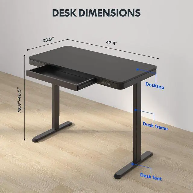 Alt view image 3 of 7 - Comhar Electric Standing Desk with Drawer Desktop & Adjustable Frame Quick Install w/USB Charge Ports (Black, Wood)