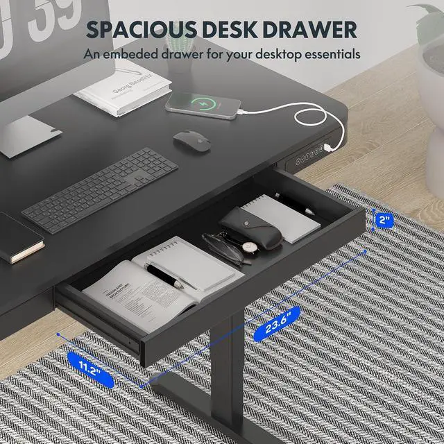 Alt view image 6 of 7 - Comhar Electric Standing Desk with Drawer Desktop & Adjustable Frame Quick Install w/USB Charge Ports (Black, Wood)