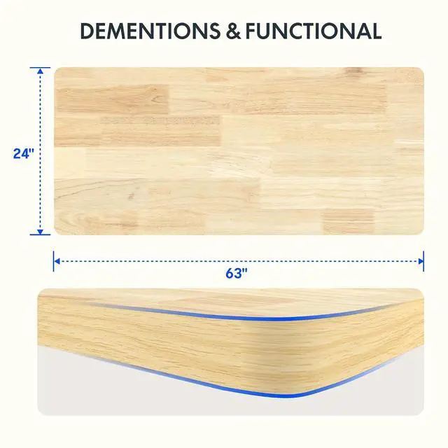 Alt view image 2 of 7 - Whole Piece Rubber Wood 63"x24" Desktop Height Adjustable Desk Rectangular Tabletop