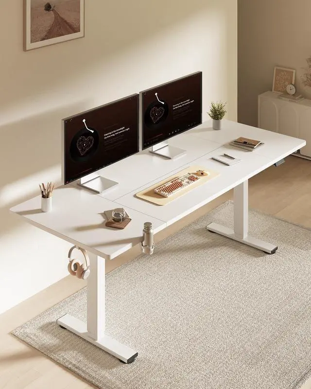 Alt view image 2 of 7 - 71x32 Inch Electric Large Standing Desk for Home & Office, Spacious Splice Board Desk with Cable Management & Organizer, Cup Holder & Hook, White