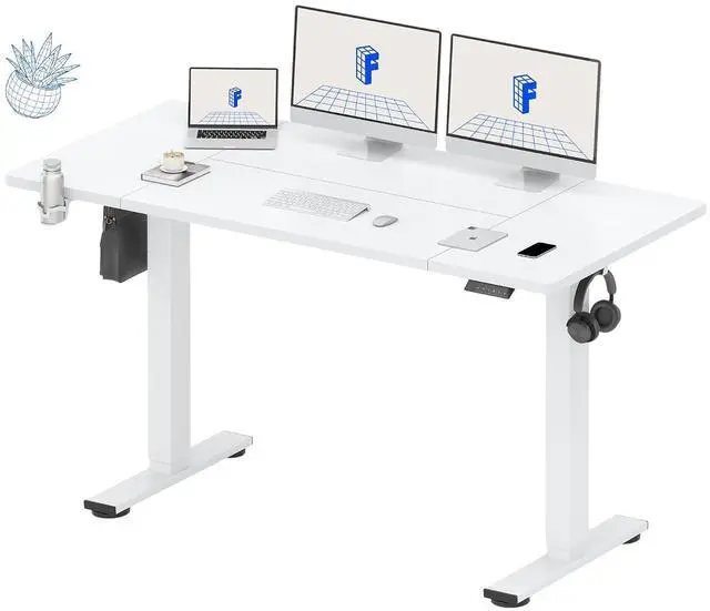 Main image of 63x32 Inch Electric Large Standing Desk for Home & Office, Spacious Splice Board Desk with Cable Management & Organizer, Cup Holder & Hook, White