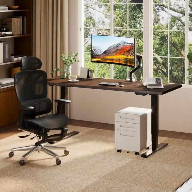 Alt view image 3 of 7 - E6 MAX Bamboo 55x28 Inch Dual Motor 3-Stage Heavy Duty Standing Desk, 330lbs Weight Capacity, Height Adjustable Desk w/Cable Management & Wheels (Solid Walnut Bamboo Desktop + Black Frame)
