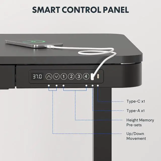 Alt view image 7 of 7 - Comhar Electric Standing Desk with Drawer Desktop & Adjustable Frame Quick Install w/USB Charge Ports (Black, Wood)