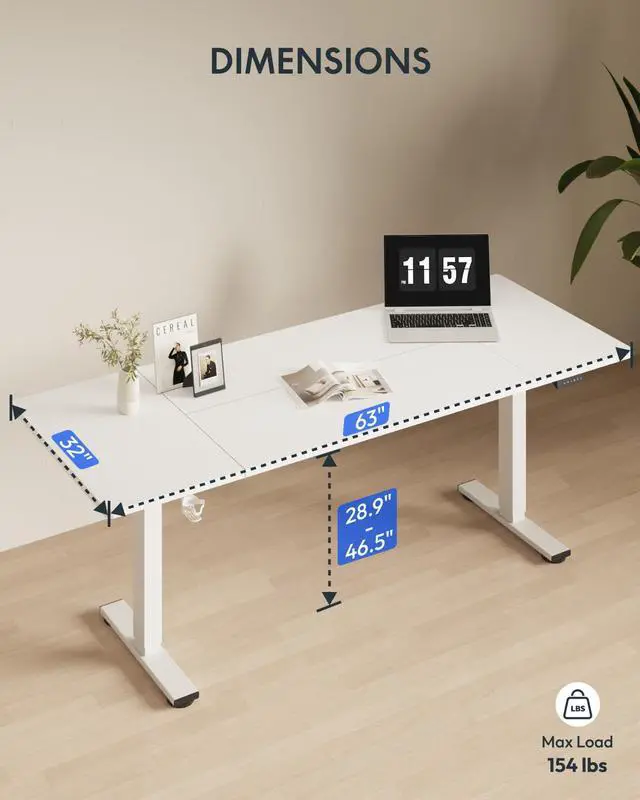Alt view image 5 of 7 - 63x32 Inch Electric Large Standing Desk for Home & Office, Spacious Splice Board Desk with Cable Management & Organizer, Cup Holder & Hook, White