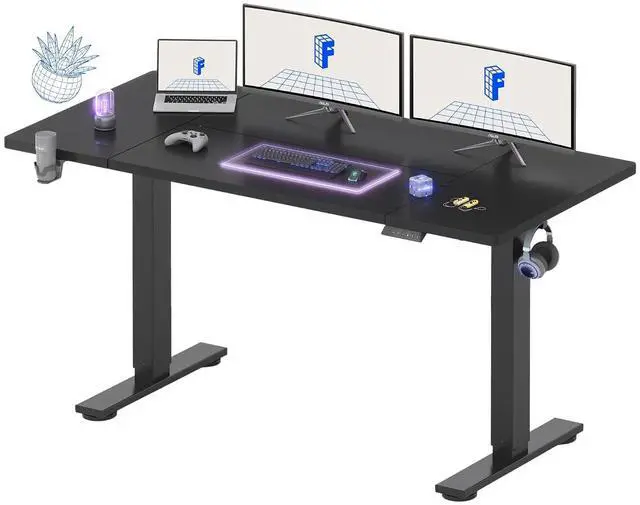 Main image of 63x32 Inch Electric Large Standing Desk for Home & Office, Spacious Splice Board Desk with Cable Management & Organizer, Cup Holder & Hook, Black