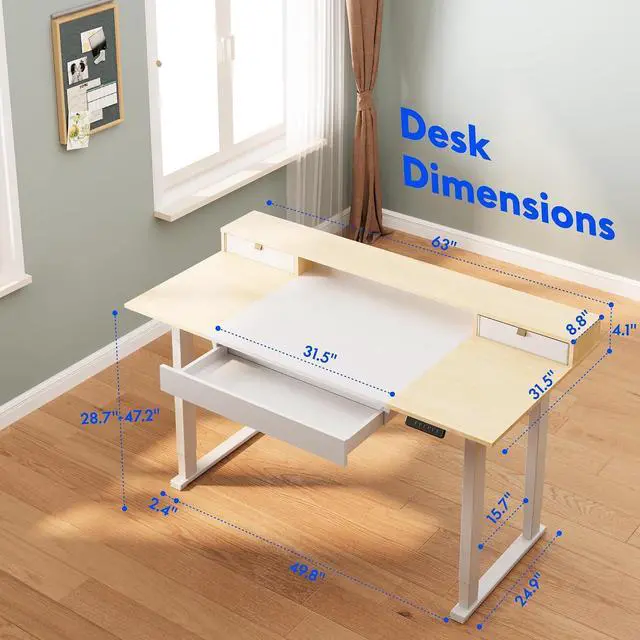 Alt view image 3 of 6 - 4-Leg Standing Desk with Storage 63x32 in Electric Adjustable Height with 3 Drawers & Shelving Home Office Workstation (White + Maple Top)