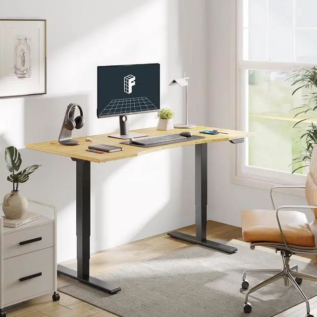 Alt view image 2 of 7 - E6 MAX Bamboo Dual Motor 48x24 Inch 3-Stage Heavy Duty Standing Desk, 330lbs Weight Capacity, Height Adjustable Desk w/Cable Management & Wheels (Solid Bamboo Curved Desktop + Black Frame)