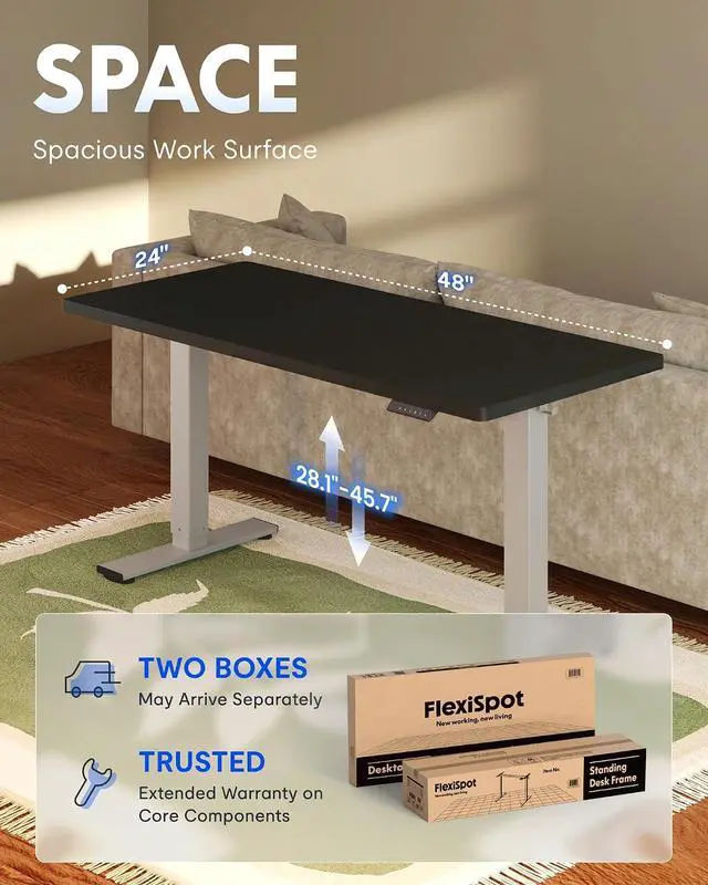 Alt view image 6 of 7 - EN1 One-Piece Electric Standing Desk 48 x 24 Inches Seamless Seamless Desktop Height Adjustable Desk Stand Up Desks for Home Office (Silver Frame + Black Top, 2 Packages)