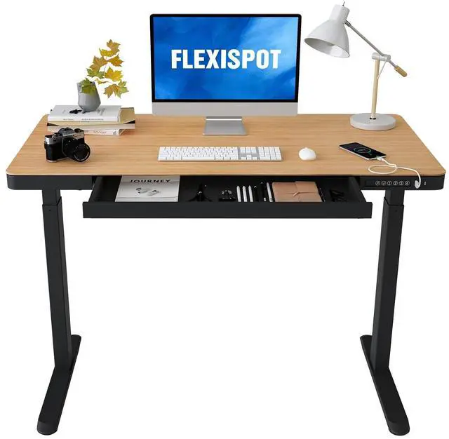 Main image of Electric Standing Desk with Drawer Storage Adjustable Height Quick Assembly Table w/USB Charge Ports (Natural Desktop + Black Frame)