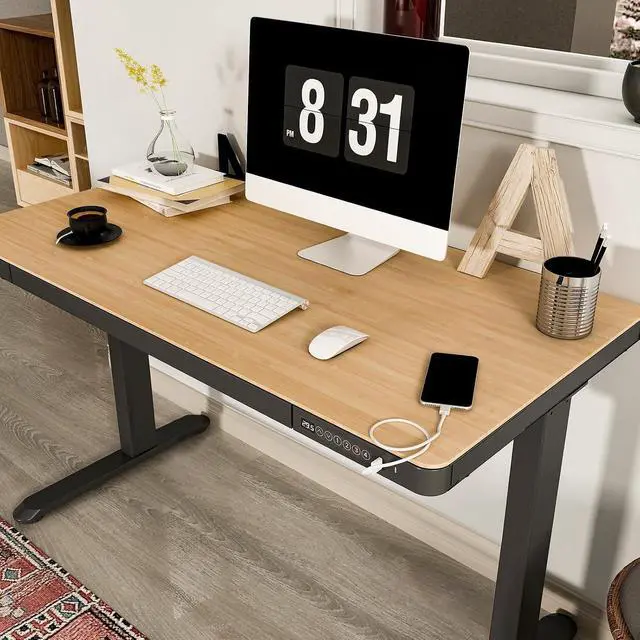Alt view image 2 of 5 - Electric Standing Desk with Drawer Storage Adjustable Height Quick Assembly Table w/USB Charge Ports (Natural Desktop + Black Frame)