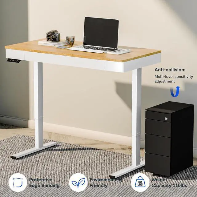 Alt view image 7 of 7 - Standing Desk with Drawer, 48 x 24 Inch Electric Adjustable Height Stand Up Desk with Storage Organizer, Whole Piece Wooden Desktop for Home, Office, Computer Workstation, Maple