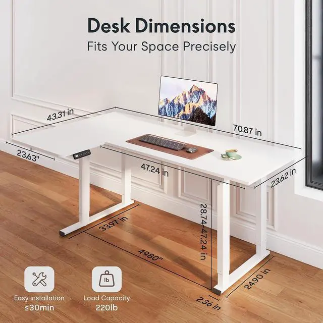Alt view image 2 of 7 - 4-Leg L-Shaped Standing Desk, 71 x 43 Inches Electric Height Adjustable Desk with Memory Controller, 220lb Load Capacity, Reversible L/R Corner Desk for Home Office, Gaming & Study, White