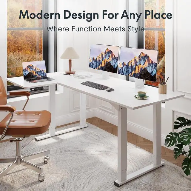 Alt view image 3 of 7 - 4-Leg L-Shaped Standing Desk, 71 x 43 Inches Electric Height Adjustable Desk with Memory Controller, 220lb Load Capacity, Reversible L/R Corner Desk for Home Office, Gaming & Study, White
