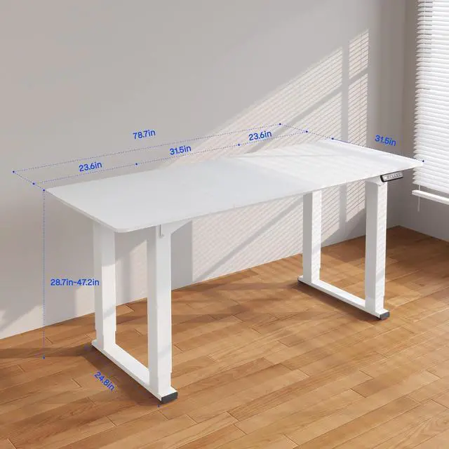 Alt view image 3 of 6 - 4 Legs Standing Desk 78 x 32 Inch Adjustable Height Desk with Splice Board Home Office Sit Stand Up Desk, White Top + White Frame