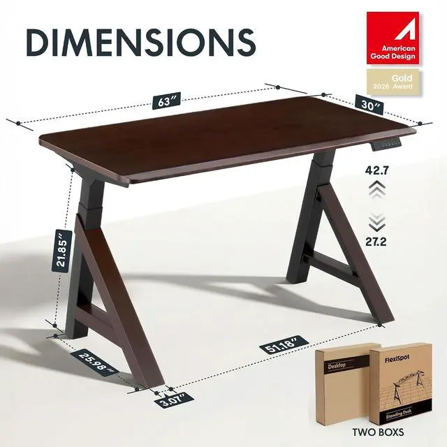 Alt view image 2 of 7 - WoodiX 63 x 30 Inch Solid Wood Standing Desk, Premium Mid-Century Modern Executive Desk, Dual Motor Sit-Stand Workstation with Cable Management, 220 LBS, Walnut