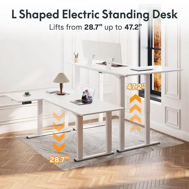 Alt view image 6 of 7 - 4-Leg L-Shaped Standing Desk, 71 x 43 Inches Electric Height Adjustable Desk with Memory Controller, 220lb Load Capacity, Reversible L/R Corner Desk for Home Office, Gaming & Study, White