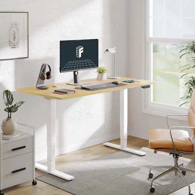 Alt view image 2 of 7 - E6 MAX Dual Motor 55x28 Inch 3-Stage Heavy Duty Standing Desk, 330lbs Weight Capacity, Height Adjustable Desk w/Cable Management & Wheels (Seamless Maple Desktop + White Frame)