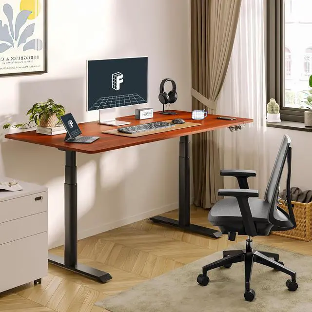 Alt view image 2 of 6 - E6 Pro 55" x 28" Dual Motor Electric Standing Desk, Organic Modern Oval Leg Design, 3-Stage Height Adjustable Sit Stand Desk with Heavy Duty 330lbs, Mahogany Desktop, Black Frame