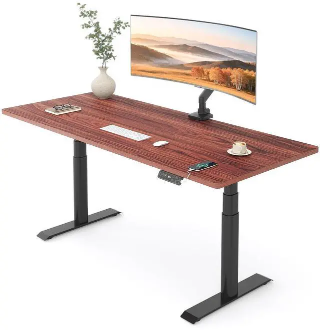 Main image of E6 Pro 55" x 28" Dual Motor Electric Standing Desk, Organic Modern Oval Leg Design, 3-Stage Height Adjustable Sit Stand Desk with Heavy Duty 330lbs, Mahogany Desktop, Black Frame