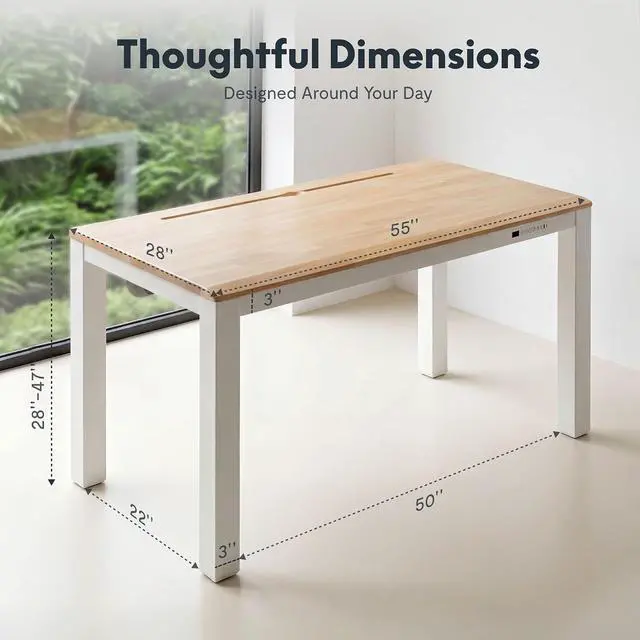Alt view image 3 of 7 - E3Q-PRO 4-Leg Dual Motor Standing Desk, Complete Workspace System with Integrated Power & Cable Management, 55"x28" Solid Rubberwood Desktop, USB Charging, 265 lbs Capacity, Natural