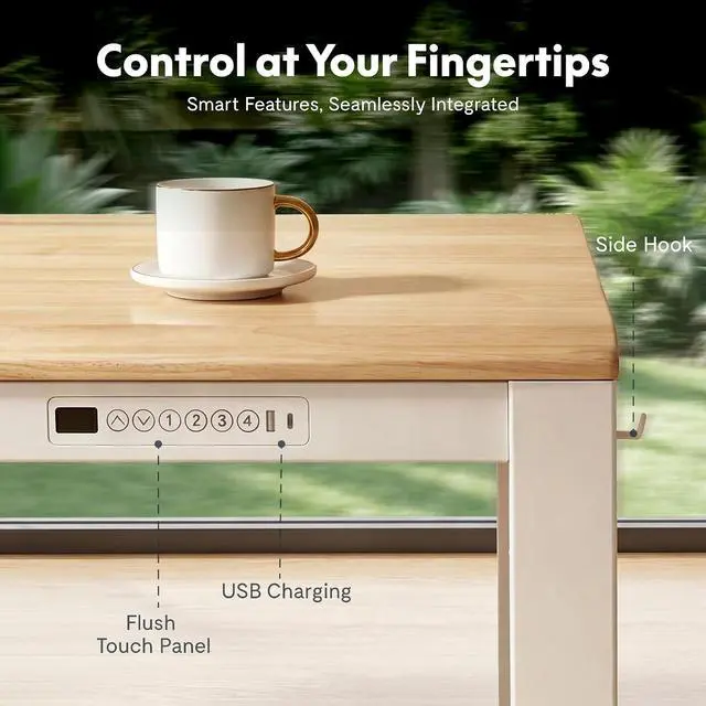 Alt view image 6 of 7 - E3Q-PRO 4-Leg Dual Motor Standing Desk, Complete Workspace System with Integrated Power & Cable Management, 55"x28" Solid Rubberwood Desktop, USB Charging, 265 lbs Capacity, Natural